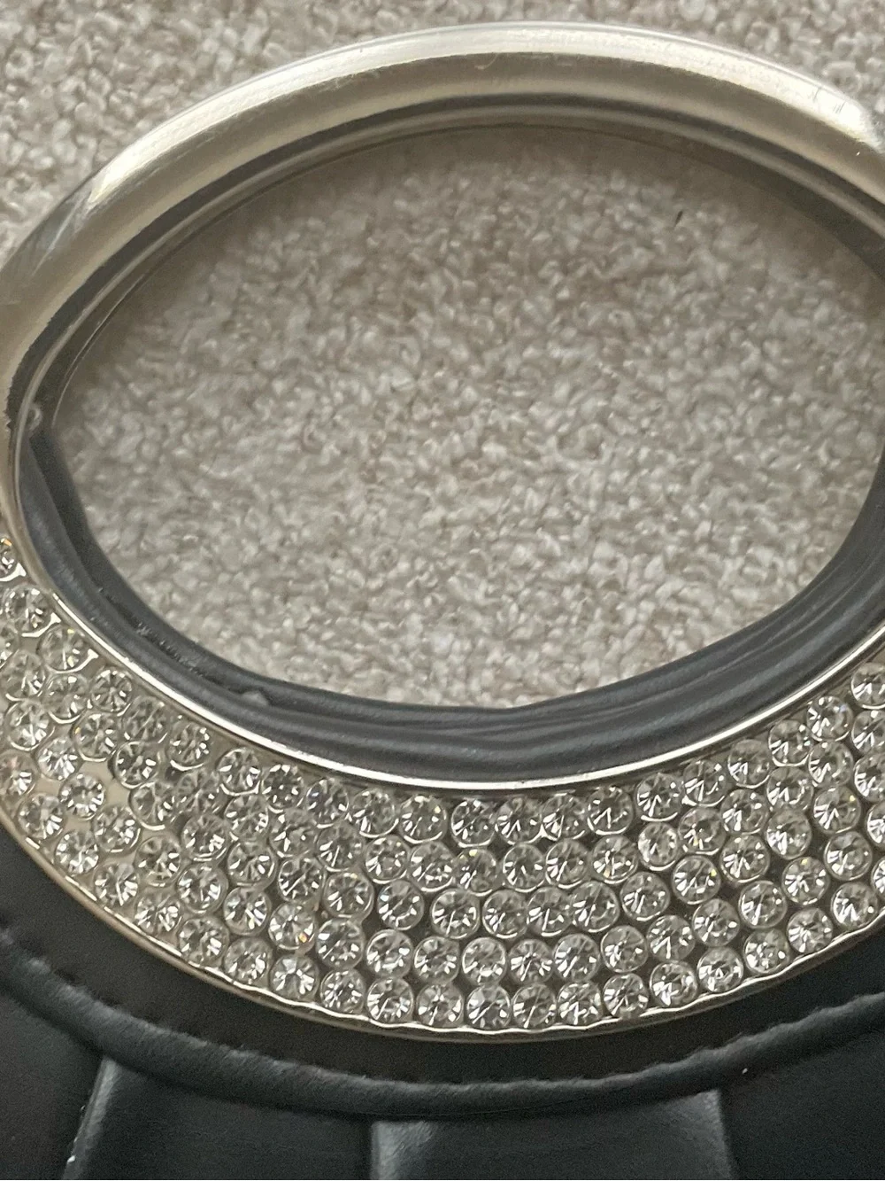 🆕Black Pleated Clutch Evening Bag Rhinestone Silver Ring Handle Faux Leather